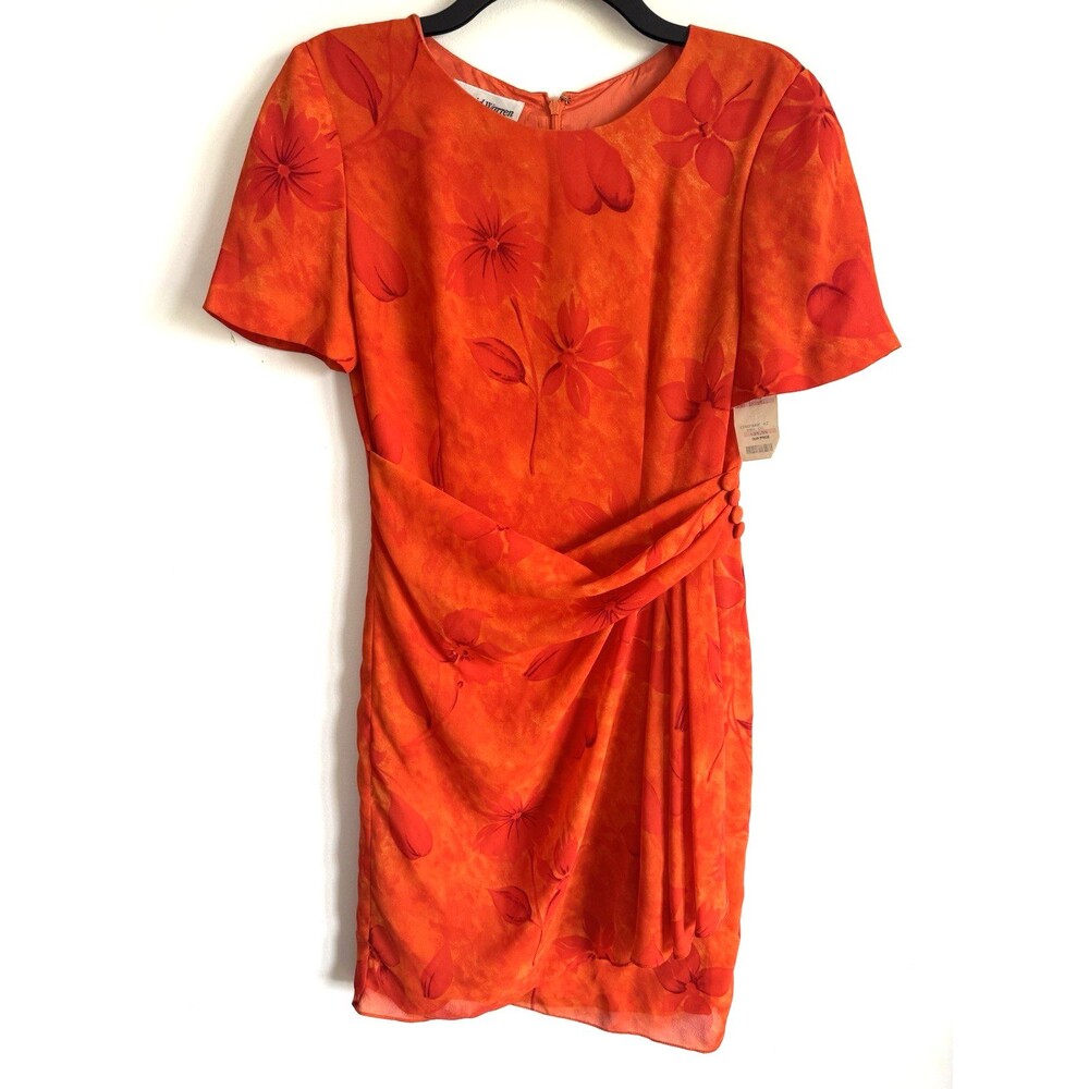 Vintage David Warren Dress Orange Floral Short Sleeve Gathered Waist Size 4 NWT
